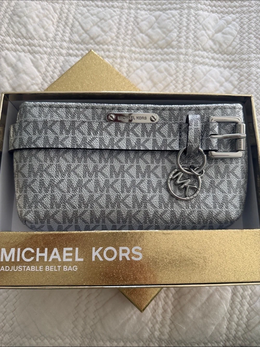Michael Kors Adjustable Belt Bag KeyChain Set of 2 Sz S/M Silver Signature NWOT